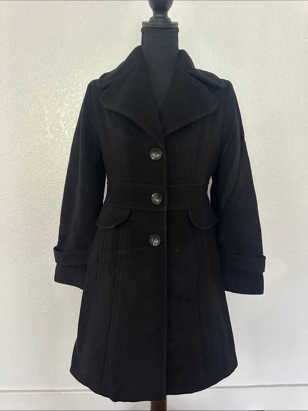 Kenneth Cole Reaction Black Wool-Blend Pea Coat with Flared Hem